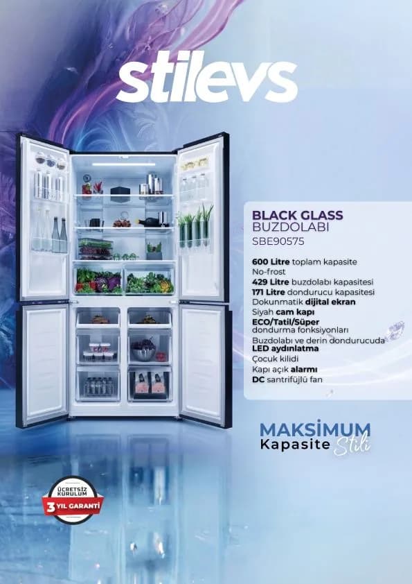 Stilevs Black Glass buzdolabı — 600 litre, siyah cam kapı, No-Frost
