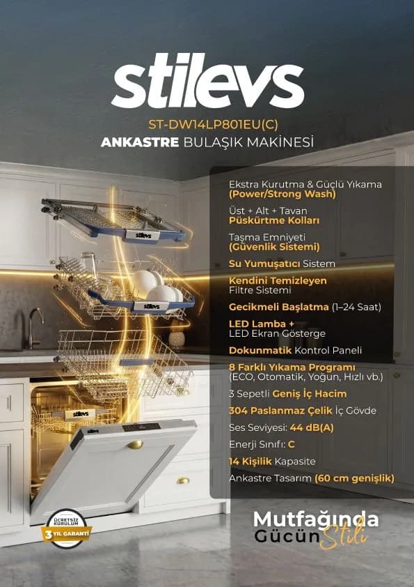 Stilevs ST-DW14LP801EU(C) ankastre bulaşık makinesi — 14 kişilik, 8 program