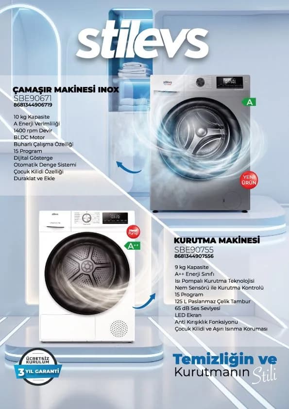 Stilevs çamaşır makinesi SBE90671 ve kurutma makinesi SBE90755