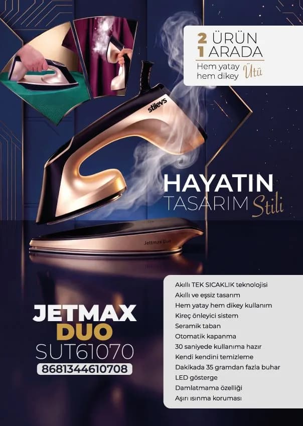 Stilevs Jetmax Duo SUT61070 — hem yatay hem dikey buharlı ütü