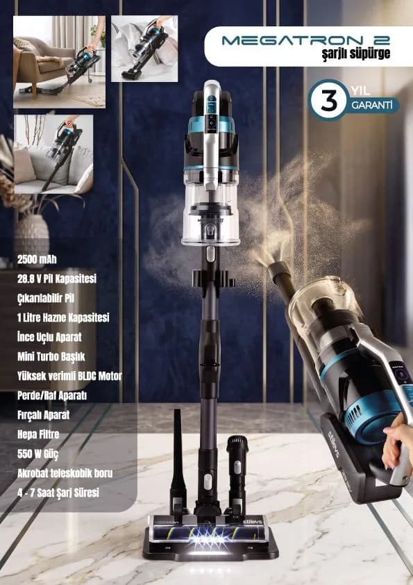 Stilevs Megatron 2 şarjlı dikey süpürge — 28.8 V, BLDC motor